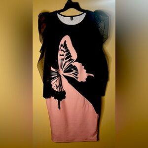 Elegant Black Dress with Pink Butterfly and Sheer Puff Sleeves by SHEIN size 2XL